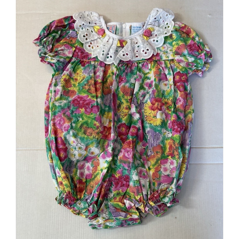 Vintage Baby 1980s  Lace Bow Bubble Romper One Piece 6/9 MPink Blue Yellow